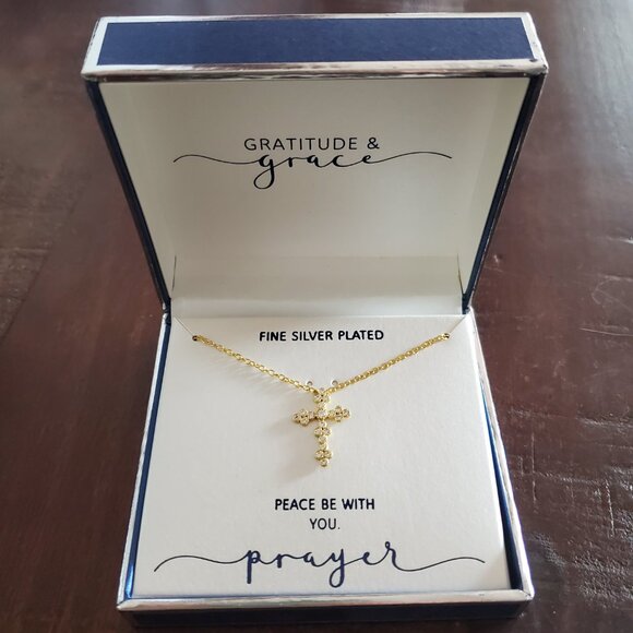 GRACE & GRATITUDE Silver Plated CZ Cross - Picture 2 of 3